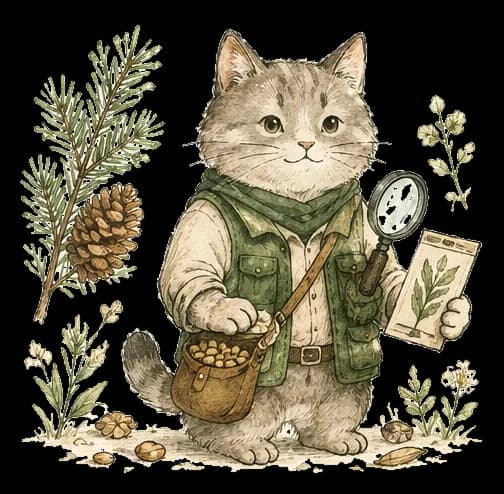 Deodar Seeds field guide cat with a seed packet